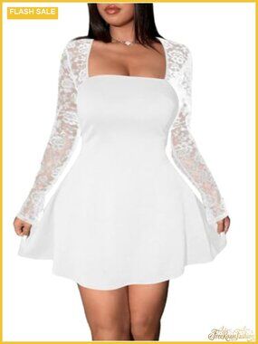 Plus Size Lace Sheer Long Sleeve Square Neck Mini Dress